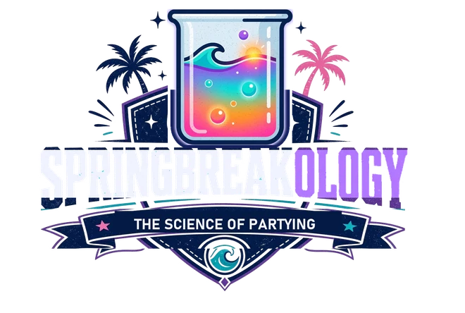 Springbreakology crest logo with a colourful beaker and the tagline The Science of Partying