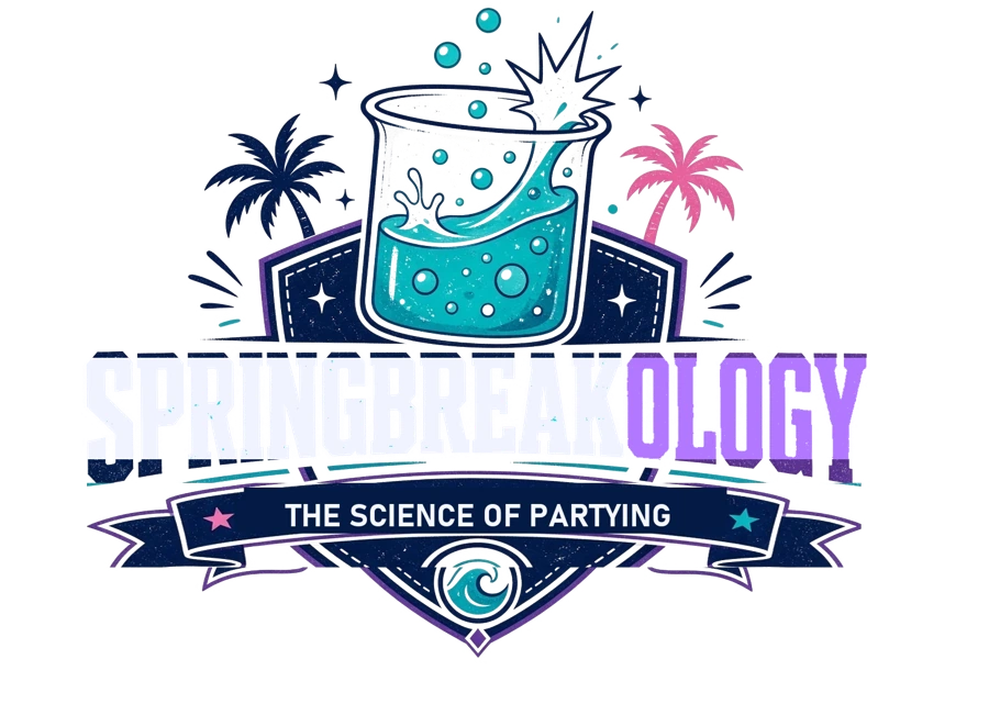 Springbreakology crest logo with a splashing beaker and the tagline Study hard. Soak harder.