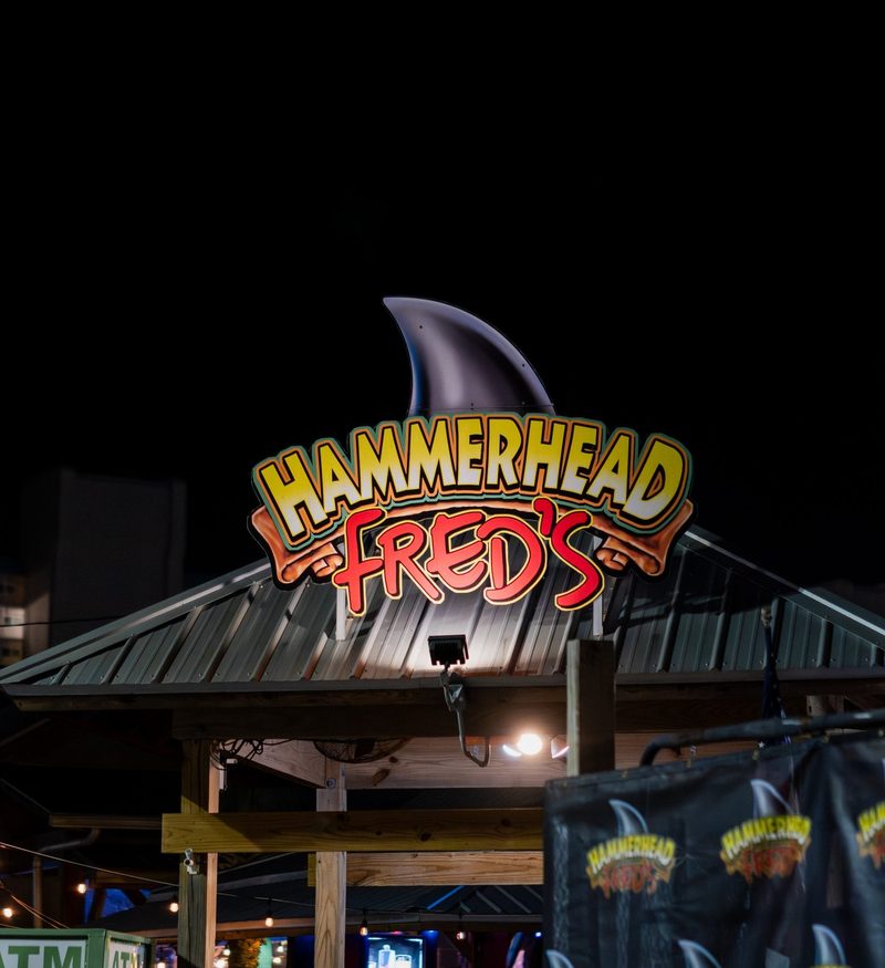 Hammerhead Fred's foam party, Panama City Beach (807) Hammerhead Fred's entrance sign at night on Thomas Drive, Panama City Beach